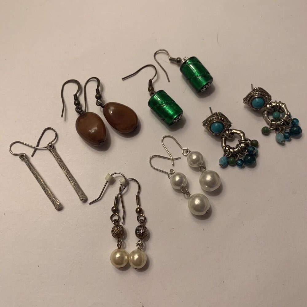 Lot Of 6 Metal / Bead Vintage - Modern Costume Earrings Pierced Dangle Drop